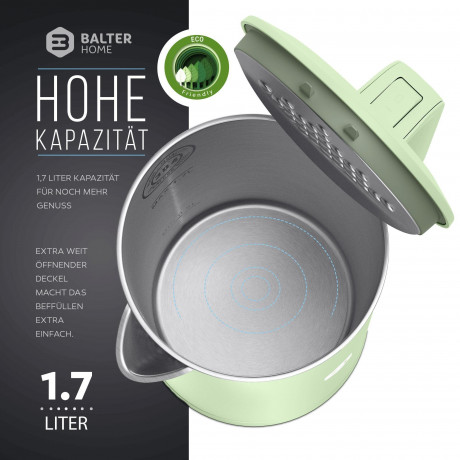 Balter Balter Wasserkocher WK-4-MT, Edelstahl, 1,7 Liter, Doppelwand Design, BPA frei, LED, minze Чайник Balter WK-4-MT, нержавеющая сталь, 1,7 литра, конструкция с двойными стенками, без BPA, светодиод, мятный