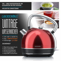 Arendo Arendo Wasserkocher, 1,7 l, 2200 W, Edelstahl, Retro Style Vintage, Uberhitzungs Trockenkochschutz, rot natur Чайник Arendo, 1,7 л, 2200 Вт, нержавеющая сталь, винтажный ретро-стиль, защита от перегрева при сухом кипячении, красный