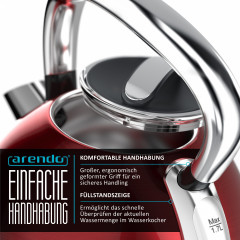Arendo Arendo Wasserkocher, 1,7 l, 2200 W, Edelstahl, Retro Style Vintage, Uberhitzungs Trockenkochschutz, rot natur Чайник Arendo, 1,7 л, 2200 Вт, нержавеющая сталь, винтажный ретро-стиль, защита от перегрева при сухом кипячении, красный