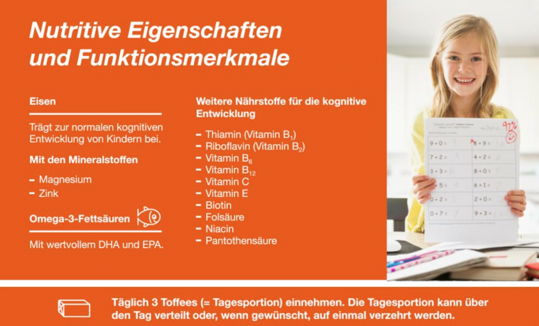 Orthomol Junior Omega Plus Kaudragees 30 portions, Ортомол Омега плюс с железом, омега-3, цинком и витамином B12, для улучшения работы мозга для детей с 4-х лет, ириски с фруктовым вкусом, 30 порций (курс на 30 дней)