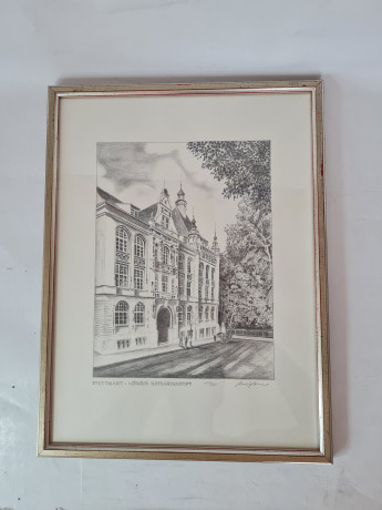 Картина в раме винтажная в черно-белых тонах "Королевский дворец" Brukner Stuttgart, 31,5 x 42 см, Германия, 1960-70гг.