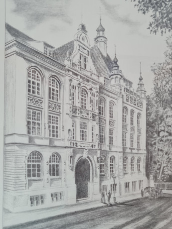 Картина в раме винтажная в черно-белых тонах "Королевский дворец" Brukner Stuttgart, 31,5 x 42 см, Германия, 1960-70гг.