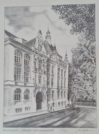 Картина в раме винтажная в черно-белых тонах "Королевский дворец" Brukner Stuttgart, 31,5 x 42 см, Германия, 1960-70гг.