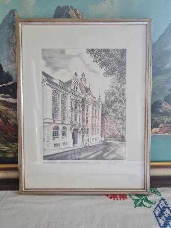 Картина в раме винтажная в черно-белых тонах "Королевский дворец" Brukner Stuttgart, 31,5 x 42 см, Германия, 1960-70гг.