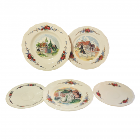 Тарелки декоративные винтажные Sarreguemines France / Obernai, H.Loux с изображениями сельской жизни, керамика, 5 шт., Франция, 1960-70гг.