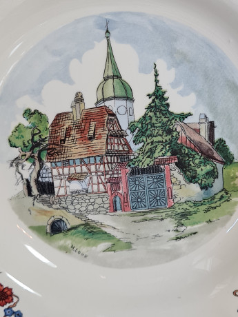 Тарелки декоративные винтажные Sarreguemines France / Obernai, H.Loux с изображениями сельской жизни, керамика, 5 шт., Франция, 1960-70гг.
