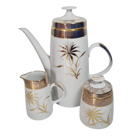 Набор для чая винтажный Lichte с золотым растительным декором, ручная роспись, костяной фарфор, чайник, молочник, сахарница, ГДР, 1970-80гг.