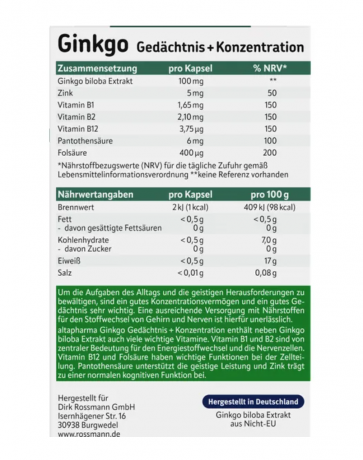 altapharma Ginkgo Gedachtnis+Konzentration Гинкго для улучшения памяти и концентрации, 40шт