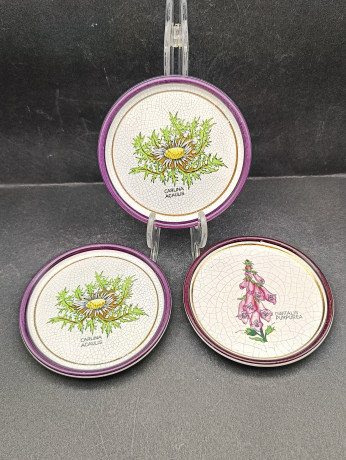 Набор декоративных винтажных тарелок Plantorgan с ботаническом декором "Carlina Acaulis, Digitalis Purperea", в стиле майолика, 3 шт., кракелюр, фарфор, 11 см, Германия, 1960-70гг.