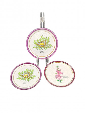 Набор декоративных винтажных тарелок Plantorgan с ботаническом декором "Carlina Acaulis, Digitalis Purperea", в стиле майолика, 3 шт., кракелюр, фарфор, 11 см, Германия, 1960-70гг.