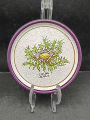 Набор декоративных винтажных тарелок Plantorgan с ботаническом декором "Carlina Acaulis, Digitalis Purperea", в стиле майолика, 3 шт., кракелюр, фарфор, 11 см, Германия, 1960-70гг.