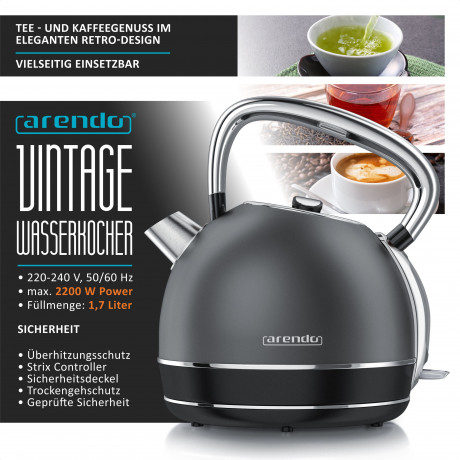 Arendo Arendo Wasserkocher, 1,7 l, 2200 W, Edelstahl, Retro Style Vintage, Uberhitzungs  Trockenkochschutz, grau  Чайник Arendo, 1,7 л, 2200 Вт, нержавеющая сталь, винтажный ретро-стиль, защита от перегрева при сухом кипячении, серый