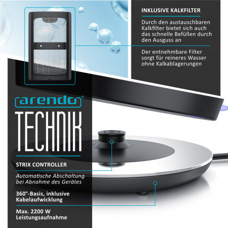 Arendo Arendo Wasserkocher, 1,7 l, 2200 W, Edelstahl, Retro Style Vintage, Uberhitzungs  Trockenkochschutz, grau  Чайник Arendo, 1,7 л, 2200 Вт, нержавеющая сталь, винтажный ретро-стиль, защита от перегрева при сухом кипячении, серый