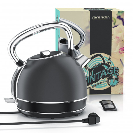 Arendo Arendo Wasserkocher, 1,7 l, 2200 W, Edelstahl, Retro Style Vintage, Uberhitzungs  Trockenkochschutz, grau  Чайник Arendo, 1,7 л, 2200 Вт, нержавеющая сталь, винтажный ретро-стиль, защита от перегрева при сухом кипячении, серый