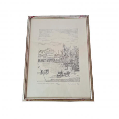 Картина в раме винтажная в черно-белых тонах "Старая площадь" Brukner Stuttgart, 31,5 x 42 см, Германия, 1960-70гг.