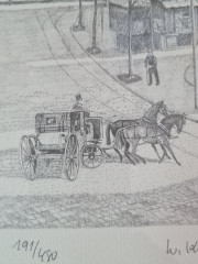 Картина в раме винтажная в черно-белых тонах "Старая площадь" Brukner Stuttgart, 31,5 x 42 см, Германия, 1960-70гг.