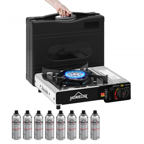 HOMELUX HOMELUX Gaskocher Edelstahl Campingkocher 2,2 KW mit 227g Gaskartuschen Gas Kocher, (8-St), 2,2 KW  Газовая плита HOMELUX походная из нержавеющей стали, 2,2 кВт, с газовыми баллонми 227 г, газовая плита, (8 шт.), 2,2 кВт