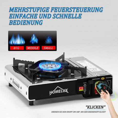 HOMELUX HOMELUX Gaskocher Edelstahl Campingkocher 2,2 KW mit 227g Gaskartuschen Gas Kocher, (8-St), 2,2 KW  Газовая плита HOMELUX походная из нержавеющей стали, 2,2 кВт, с газовыми баллонми 227 г, газовая плита, (8 шт.), 2,2 кВт