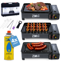 ZMC ZMC Gaskocher 2-in-1 Gaskocher inkl. Zubehor, Camping-Kocher mit 4x Gaskartuschen, (mit Grillplatte + Grillrost, stufenlos regulierbar, Tischgrill), mit Tragekoffer, 3,8kg, Piezo-Zundung Warmeleistung: 2,2KW  Газовая плита ZMC Газовая плита 2-в-1, вкл