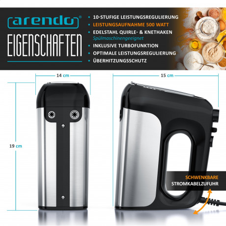 Arendo Arendo Handmixer, 500 W, Elektrischer Handruhrer inkl. 2 Quirle und 2 Knethaken, Handruhrgerat  Ручной миксер Arendo, 500 Вт, электрический ручной миксер, включая 2 венчика и 2 крюка для теста, ручной миксер