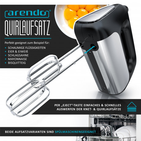 Arendo Arendo Handmixer, 500 W, Elektrischer Handruhrer inkl. 2 Quirle und 2 Knethaken, Handruhrgerat  Ручной миксер Arendo, 500 Вт, электрический ручной миксер, включая 2 венчика и 2 крюка для теста, ручной миксер