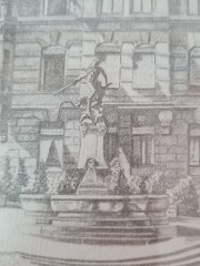 Картина в раме винтажная в черно-белых тонах "Фонтан" Brukner Stuttgart, 31,5 x 42 см, Германия, 1960-70гг.