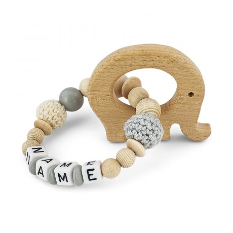 kleinerStorch Greifling mit Name – Madchen  Jungen Beissring personalisiert – Holz Rassel Elefant Персонализированное кольцо для прорезывания зубов с именем