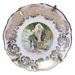 Блюдце винтажное коллекционное Limoges France "Явление Богоматери Лурдской", фарфор, позолоченный держатель, 9 см, Франция, 1960 год
