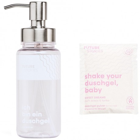 FUTURE STORIES Starterset Duschgel Pulver Kokos & Tonka inkl. Pumpspender  Стартовый набор геля для душа в виде порошка кокоса и бобов тонка, включая дозатор с помпой