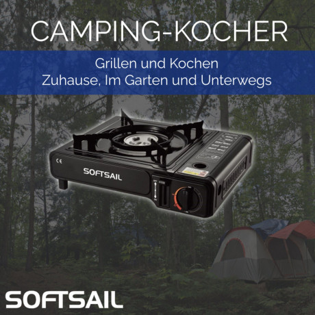 Softsail Softsail Gaskocher Stufenlos regulierbarer Campingkocher Piezozundung Tragekoffer, Tragbar, Outdoor Camping-Kocher  Газовая плита Softsail, походная плита с бесступенчатой ??регулировкой, пьезоподжиг, кейс для переноски, портативная походная печь