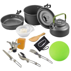 MDHAND MDHAND Gaskocher Geschirr-Set Tragbar Kochgeschirr Topf Kocher Set,Aluminium, (15-St), mit Faltender Loffel Gabel Cutter Cup fur 2 bis 3 Personen  Набор посуды для газовой плиты MDHAND. Портативная посуда. Набор посуды, алюминий, (15 предметов), со