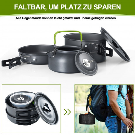 MDHAND MDHAND Gaskocher Geschirr-Set Tragbar Kochgeschirr Topf Kocher Set,Aluminium, (15-St), mit Faltender Loffel Gabel Cutter Cup fur 2 bis 3 Personen  Набор посуды для газовой плиты MDHAND. Портативная посуда. Набор посуды, алюминий, (15 предметов), со