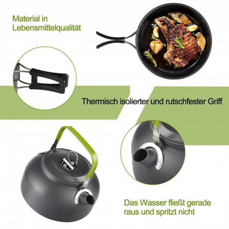 MDHAND MDHAND Gaskocher Geschirr-Set Tragbar Kochgeschirr Topf Kocher Set,Aluminium, (15-St), mit Faltender Loffel Gabel Cutter Cup fur 2 bis 3 Personen  Набор посуды для газовой плиты MDHAND. Портативная посуда. Набор посуды, алюминий, (15 предметов), со