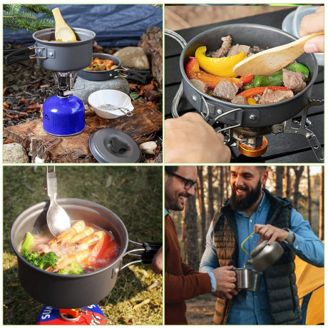 MDHAND MDHAND Gaskocher Geschirr-Set Tragbar Kochgeschirr Topf Kocher Set,Aluminium, (15-St), mit Faltender Loffel Gabel Cutter Cup fur 2 bis 3 Personen  Набор посуды для газовой плиты MDHAND. Портативная посуда. Набор посуды, алюминий, (15 предметов), со