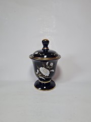 KERAMOS Сахарница "Цветы на синем фоне" с позолотой, 18.5смx12.5см, Италия, 1950-60гг.