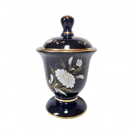 KERAMOS Сахарница "Цветы на синем фоне" с позолотой, 18.5смx12.5см, Италия, 1950-60гг.