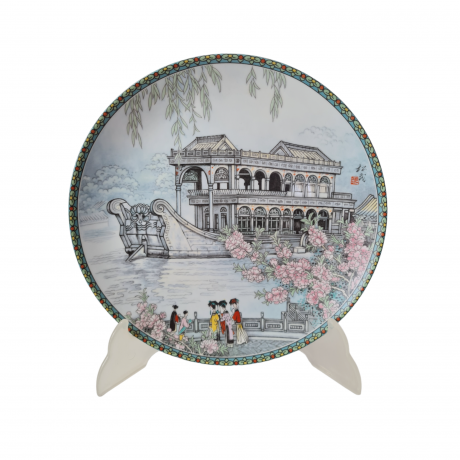Художественная декоративная тарелка винтажная Imperial Jingdezhen Poreclain, Императорский фарфор, разноцветный декор "Набережная", в заводской коробке, 22 см, Китай, 1988г.