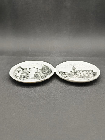 Набор декоративных тарелок винтажных Furstenberg "Немецкие города", в заводской упаковке, фарфор, 6 шт., 9.5 см, Германия, 1970-80гг.