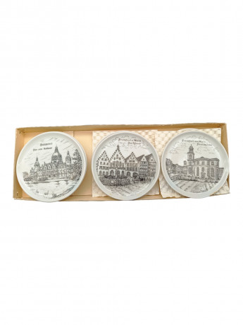 Набор декоративных тарелок винтажных Furstenberg "Немецкие города", в заводской упаковке, фарфор, 6 шт., 9.5 см, Германия, 1970-80гг.