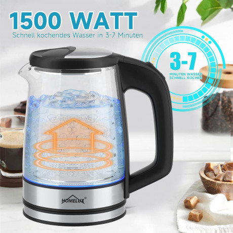 HOMELUX HOMELUX Wasserkocher Wasserkocher Glas 1500 Watt 1,8 L, Electric Kettle Mit Led-Beleuchtung, 1.8 l, 1500,00 W, Glas wasserkocher Edelstahl, Wasser Kocher Bpa Frei, 360° Basis  HOMELUX Стеклянный чайник 1500 Вт, 1,8 л, Электрический чайник со свето