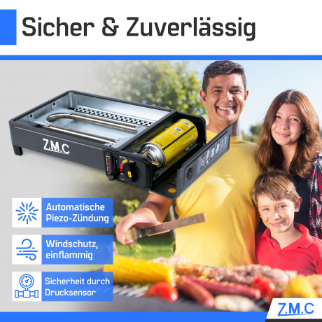ZMC ZMC Gaskocher 2-in-1 Gaskocher inkl. Zubehor einflammiger Camping-Kocher, (mit Grillplatte + Grillrost, stufenlos regulierbar, Tischgrill), mit Tragekoffer, 3,8kg, Piezo-Zundung Warmeleistung: 2,2KW  Газовая плита ZMC Газовая плита 2-в-1, включая аксе
