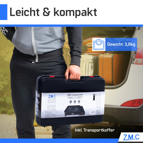 ZMC ZMC Gaskocher 2-in-1 Gaskocher inkl. Zubehor einflammiger Camping-Kocher, (mit Grillplatte + Grillrost, stufenlos regulierbar, Tischgrill), mit Tragekoffer, 3,8kg, Piezo-Zundung Warmeleistung: 2,2KW  Газовая плита ZMC Газовая плита 2-в-1, включая аксе