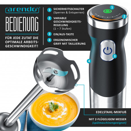 Arendo Arendo Stabmixer, 200 W, kabellos, Edelstahl, Purierstab mit Akku, inkl. 600 ml Messbecher  Ручной блендер Arendo, 200 Вт, беспроводной, нержавеющая сталь, ручной блендер с аккумулятором, включая мерный стакан емкостью 600 мл.