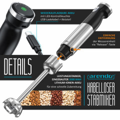 Arendo Arendo Stabmixer, 200 W, kabellos, Edelstahl, Purierstab mit Akku, inkl. 600 ml Messbecher  Ручной блендер Arendo, 200 Вт, беспроводной, нержавеющая сталь, ручной блендер с аккумулятором, включая мерный стакан емкостью 600 мл.