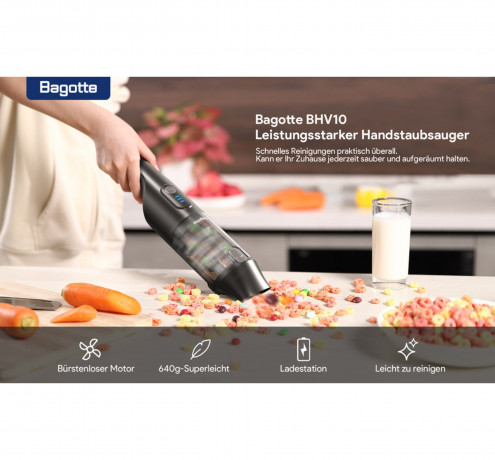 Bagotte Bagotte Akku-Handstaubsauger BHV10 Leistungsstarker und tragbarer kabelloser Handstaubsauger, 90,00 W, Beutellos, 12 kPa, 2600 mAh, Arbeitszeit: 35 Minuten, Trockensaugung, tragbar  Беспроводной ручной пылесос Bagotte BHV10 Мощный и портативный бе