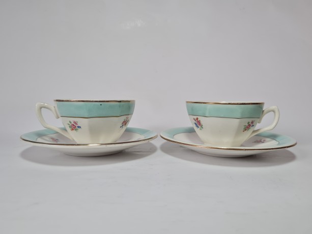 DIANE Набор чайных пар, 2 шт. "Бирюза" с цветочным узором и бирюзовым краем, Германия, 1960-70гг.