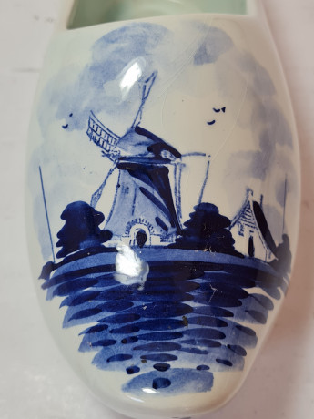 Башмачок декоративный винтажный Delft Blue Holland, бело-голубой дельфтский фарфор с изображением мельницы и цветов, 18 x 5 x 8 см, Голландия, 1960-70гг.
