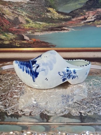 Башмачок декоративный винтажный Delft Blue Holland, бело-голубой дельфтский фарфор с изображением мельницы и цветов, 18 x 5 x 8 см, Голландия, 1960-70гг.