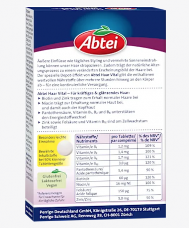 Abtei Haar Vital Intensiv-Kur Mini-Tabletten 30 St, 7,7 g Интенсивное лечение волос Hair Vital с биотином и цинком мини-таблетки, 30шт