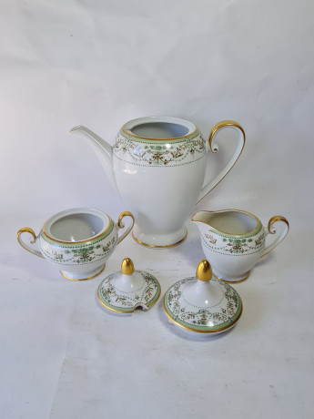 Набор для чая винтажный Tirschenreuther / Hutschenreuther Gruppe с зеленым узором, фарфор, Германия, 1960-70гг.
